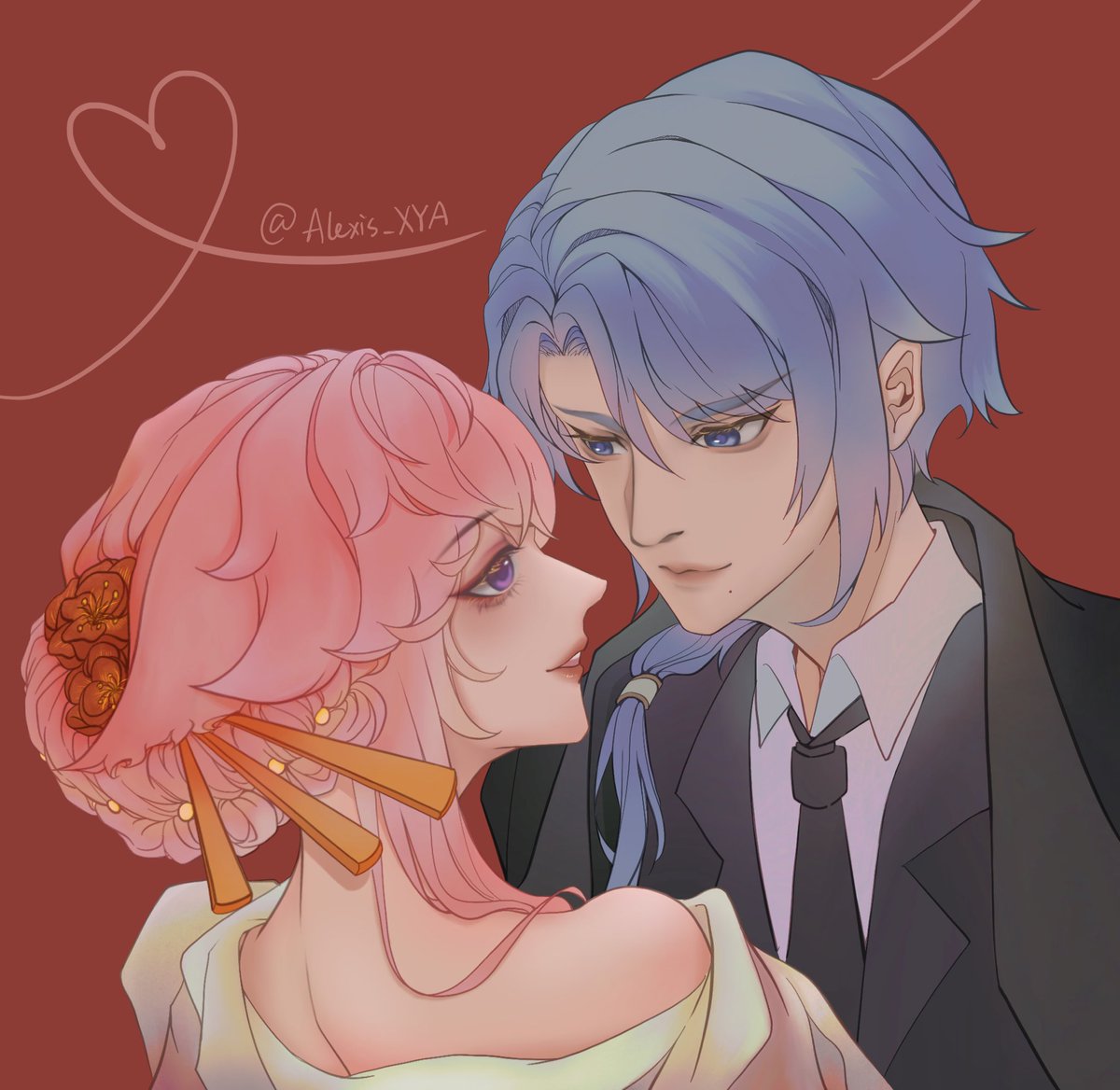 Alexis_XYA's tweet photo. Drew this ship aaaaagain👍

——Yes, they are married.💍
#Yaeyato #yaemiko #Ayato 
#GenshinImpact 

（在中国，结婚照是红色背景的） https://t.co/0MbYSVs9au