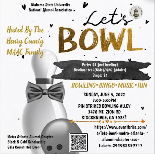 ATLHBCUAlumni's tweet photo. Join Alabama State University -  @ASUMAAC9 for Bowling •Bingo•Music•Fun at Pin Strikes Bowling Alley on Sun., June 5th at 3-5pm.🐝🎳
#MyASU #MAAC #HornetPride #LetsBowl #PinStrikes

Click link here for tickets:
https://t.co/3ZhBtJ9mPF https://t.co/TNiIwXZTDq