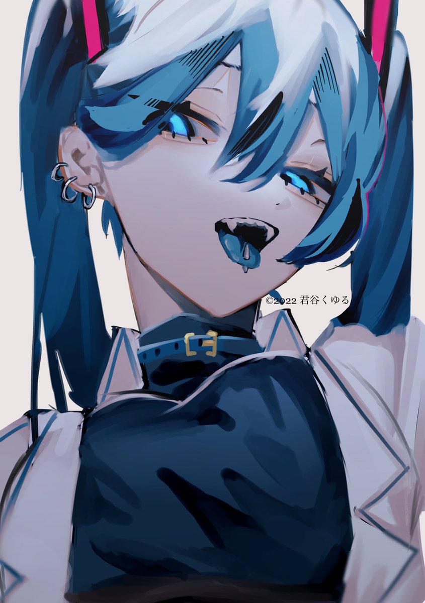 hatsune miku 1girl blue tongue colored tongue solo twintails piercing tongue  illustration images