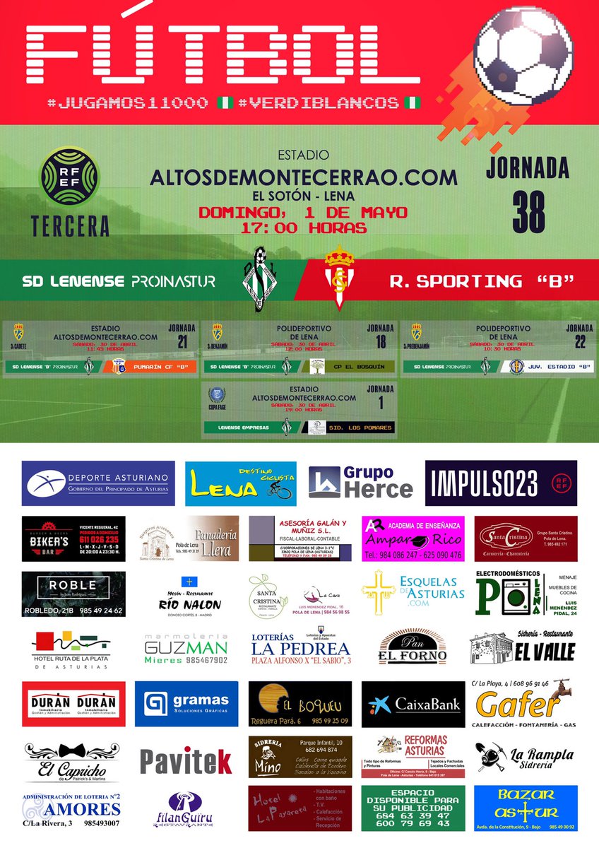 ¡BUENOS DÍAS, #VERDIBLANCOS!
¡HOY (NOS LA) JUGAMOS! 

🏆#TerceraRFEF | Jornada 3️⃣8️⃣
🆚<a href="/RealSporting/">Real Sporting</a> “B” 
🗓Domingo 1/5
🕐17:00 h.
🏟Altosdemontecerrao.com
📍El Sotón, Lena 

🇳🇬#Verdiblancos🇳🇬
🕹#Jugamos11000
👴🏻#SiemprePepeMesa 
◼️#DEPJoséManuel12