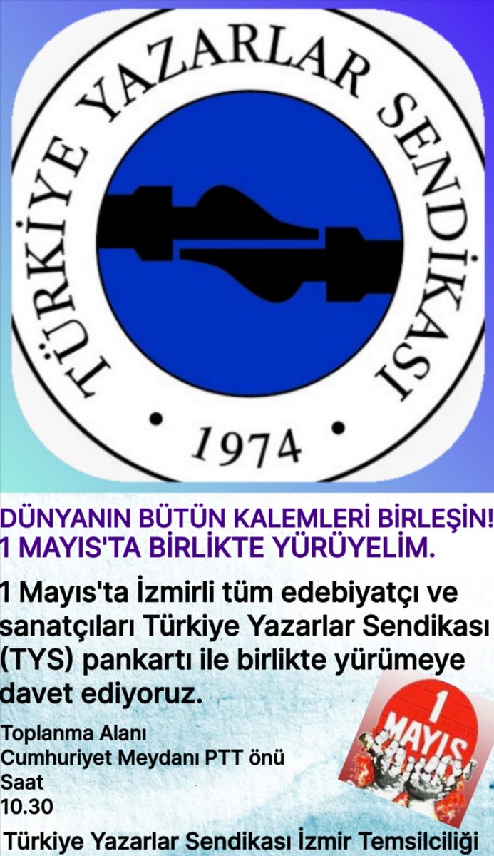 TYSizmir's tweet photo. Tam bir yazı ve düşünce özgürlüğü için, yazı emekçilerinin ekonomik sosyal hukuksal hakları için, demokratik bir ülke, sömürüsüz bir dünya için... 
HAYDİ 1 MAYIS'A!...

İzmirli edebiyatçı ve sanatçılar olarak Cumhuriyet Meydanı PTT önünde buluşuyoruz.
@TYSendikasi https://t.co/vLTE3sCRcu
