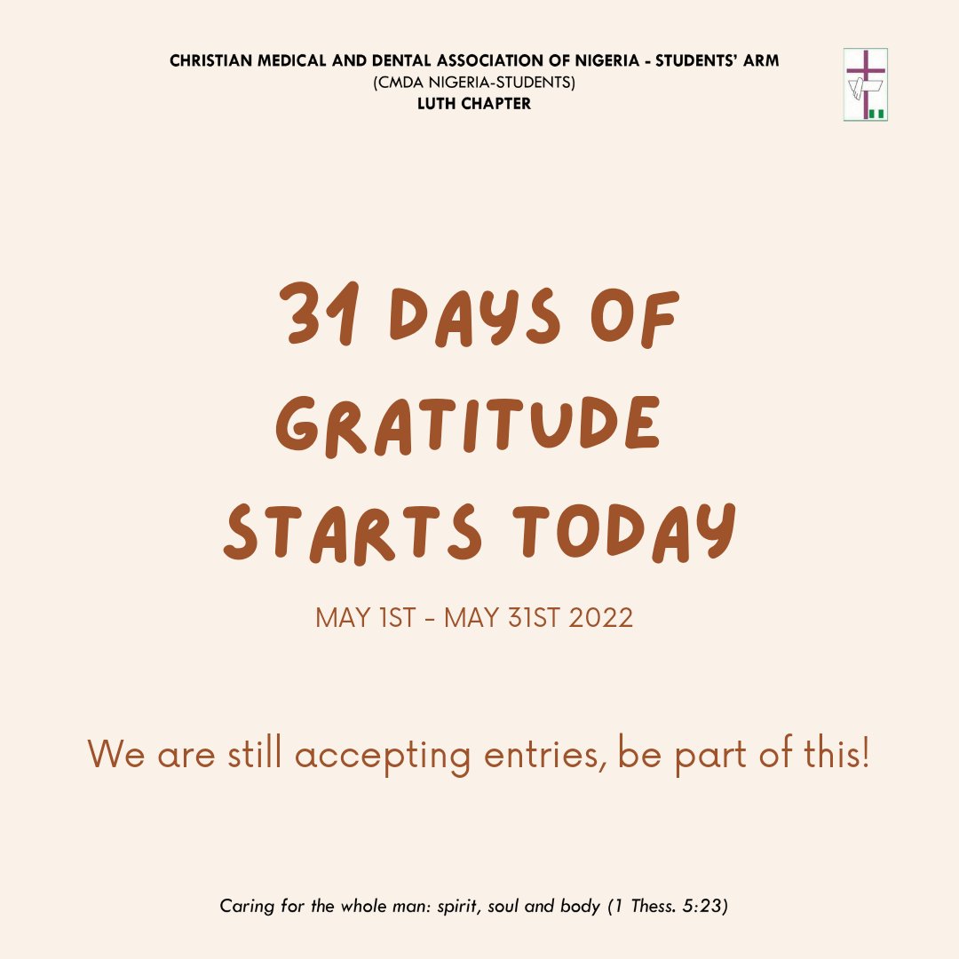 cmdanigerialuth's tweet photo. 31 days of gratitude🎉

What are you most grateful for?
We'd be using the month of May to express our gratitude to God for even the tiniest things.
We are excited, are you? https://t.co/ob8FKdjkNt