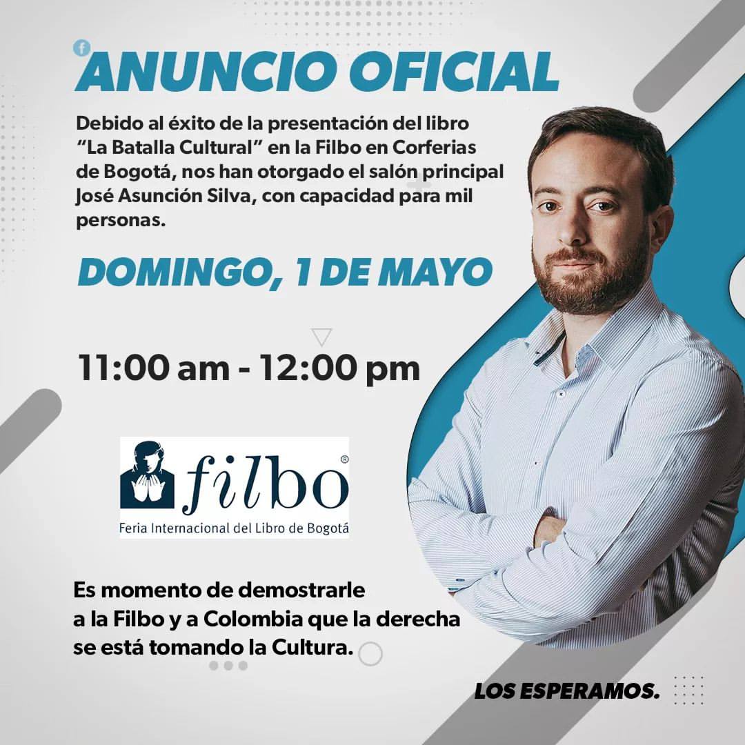 JairoLopezVale4's tweet photo. ¡Importante! Debido a la gran cantidad de personas que esperan ver mi última presentación del libro "La batalla cultural" en la feria del libro, han habilitado el auditorio principal en Corferias con capacidad para recibir a mil personas.  

Los espero. https://t.co/qaBECidJ96