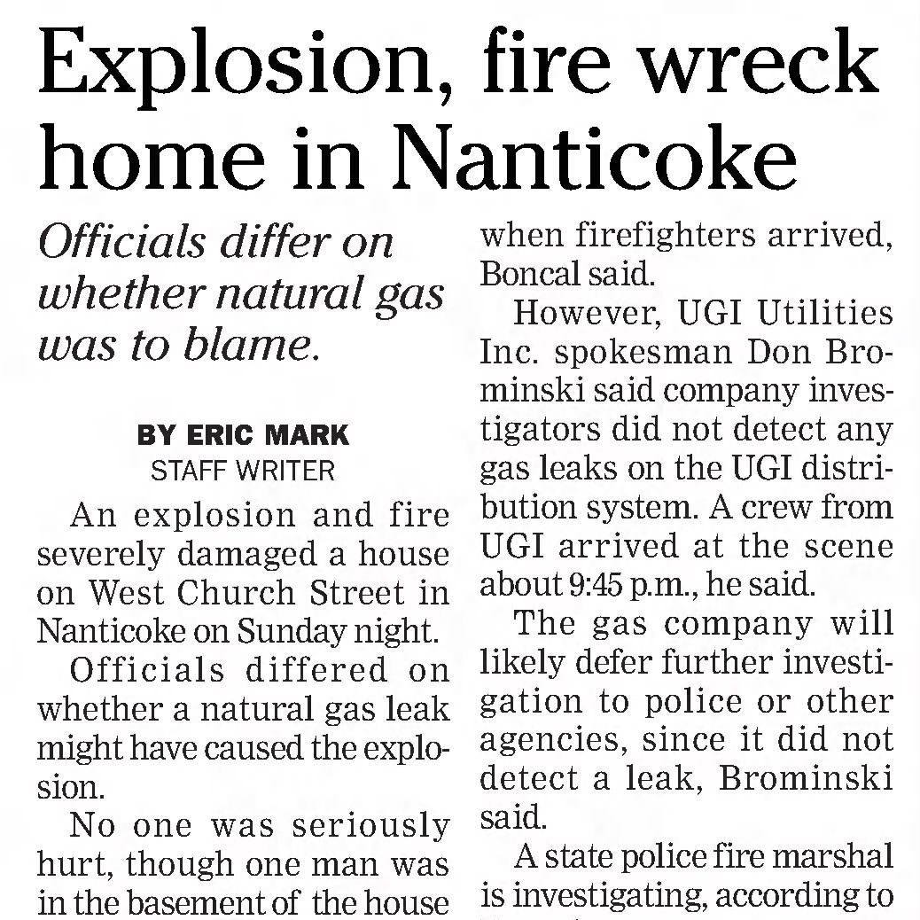PennPyro's tweet image. Today in 2019, an explosion and fire occurred in a home on West Church St in Nanticoke, #Pennsylvania.

It was only 5 miles from the Wilkes-Barre Waller St explosion and fire in 2021 and 8 miles from the #Shickshinny fire of 2022 that killed 4.
#serialbomber #PennsylvaniaPyro