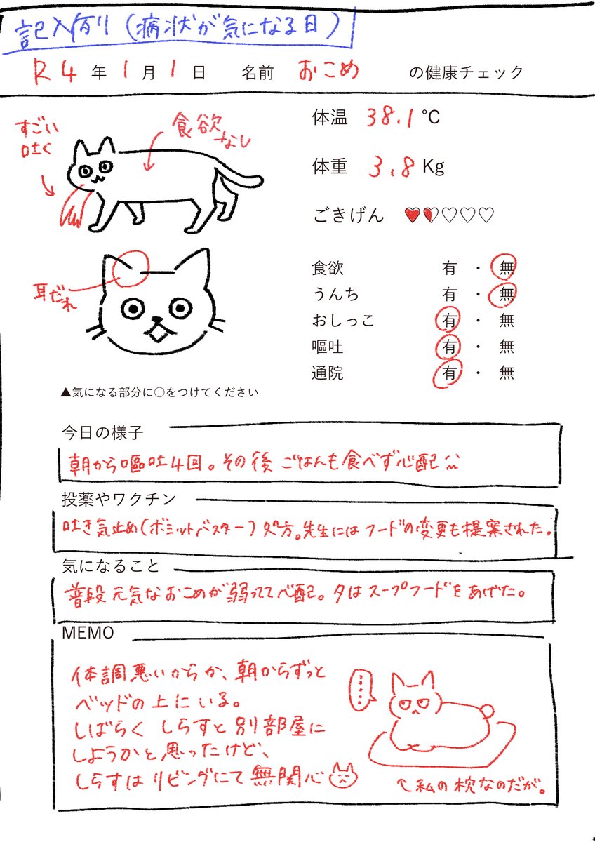 ーー日々の記録部分ーー
急な引き継ぎなら日々の気になる変化も伝えたいので、問診票形式で記録できるページを用意。
体調が気になる日のみでもOK,毎日つけるでもOK。
毎日派のために、31P用意。(1ヶ月使えるから) 