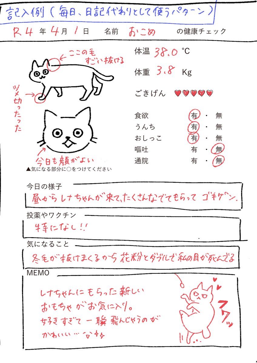 ーー日々の記録部分ーー
急な引き継ぎなら日々の気になる変化も伝えたいので、問診票形式で記録できるページを用意。
体調が気になる日のみでもOK,毎日つけるでもOK。
毎日派のために、31P用意。(1ヶ月使えるから) 