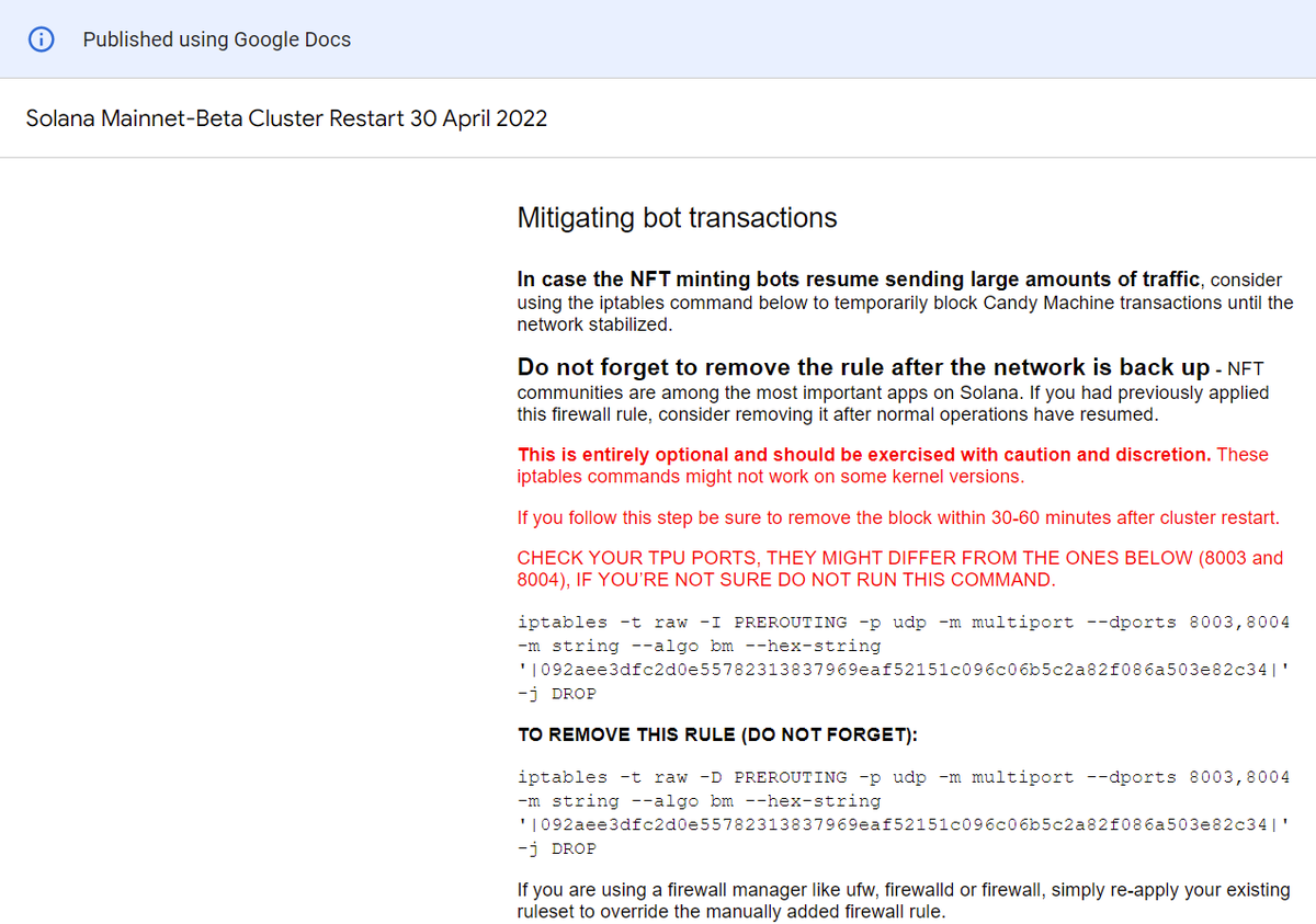 Oh fuck. Solana Foundation published beta cluster restart instructions that include instructions to block NFT minting bots manually at the L1 layer.

🫣

"Don't forget, only censor the network until it looks steady again so we can start saving face with an online network."