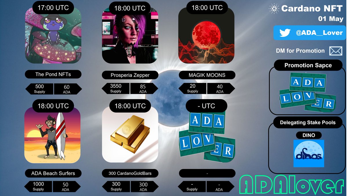 🚨#CNFTdrops🚨
0⃣1⃣May

1.<a href="/ThePondNFTs/">The Pond NFTs</a>

2.<a href="/prosperiacnft/">Prosperia</a>

3.<a href="/magikmountains/">MAGIK :: MOUNTAINS - MOONS & RUNES</a> 

4.@AdaBeachNFT

5.@CardanoGoldNFTs

-Stake Pools-
<a href="/SPO_DINO/">DINO 🇰🇷 Cardano SPO & DRep</a>

#CNFTCommunity #CNFT #CNFTs #CardanoNFT #CardanoCommunity #Cardano #ADA