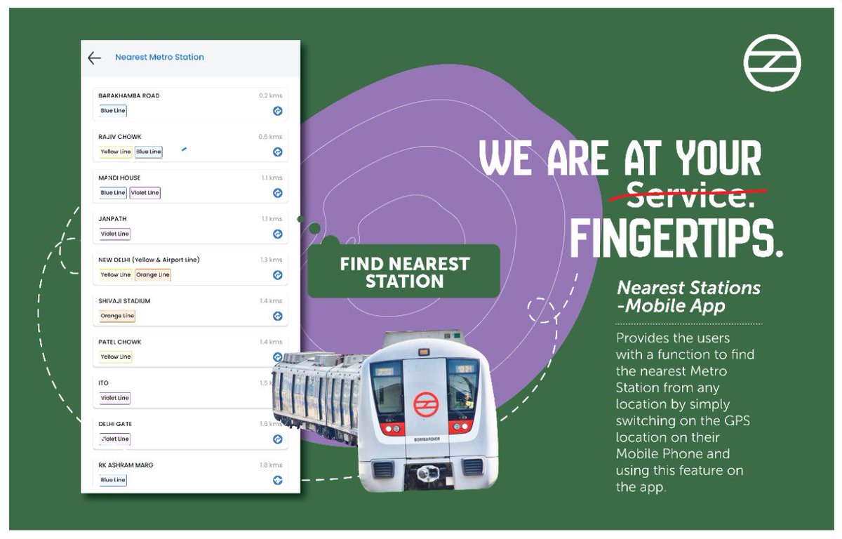 OfficialDMRC's tweet photo. Nearest Stations - Mobile App!

Passengers will be able to find the nearest Metro Station from any location by simply switching on the GPS location on their mobile phone.

#NextGenTravel #DelhiMetro https://t.co/6PSPPNBQQ4