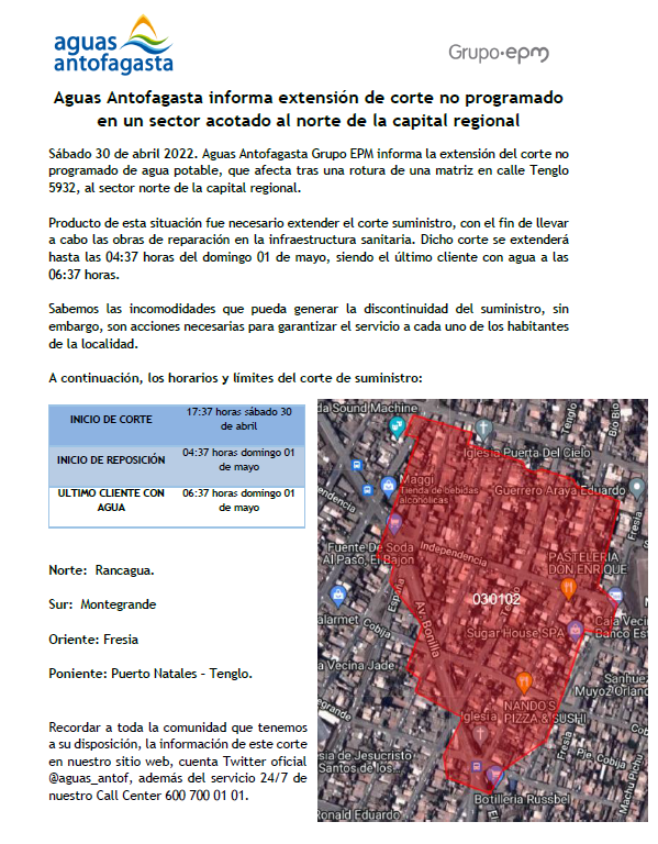Aguas_Antof's tweet photo. Aguas Antofagasta informa extensión corte #NoProgramado en #Antofagasta 
Más información aquí ⬇️ https://t.co/ZCLHHFd0EM