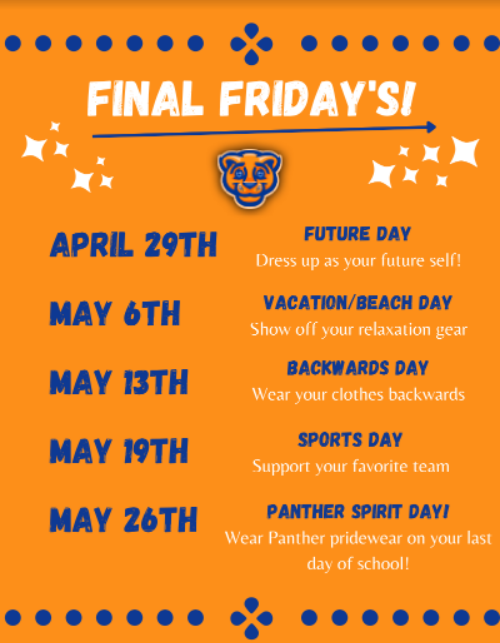 ccsd21poe's tweet photo. Somehow it's May! We will be celebrating everything we have accomplished this year with some special dress up days. Check out our "Final Fridays" flier for more information... also note that two of these dates are Thursdays! 🤪 #21learns #silverlinings #look4thegood https://t.co/mAg557ZJjh