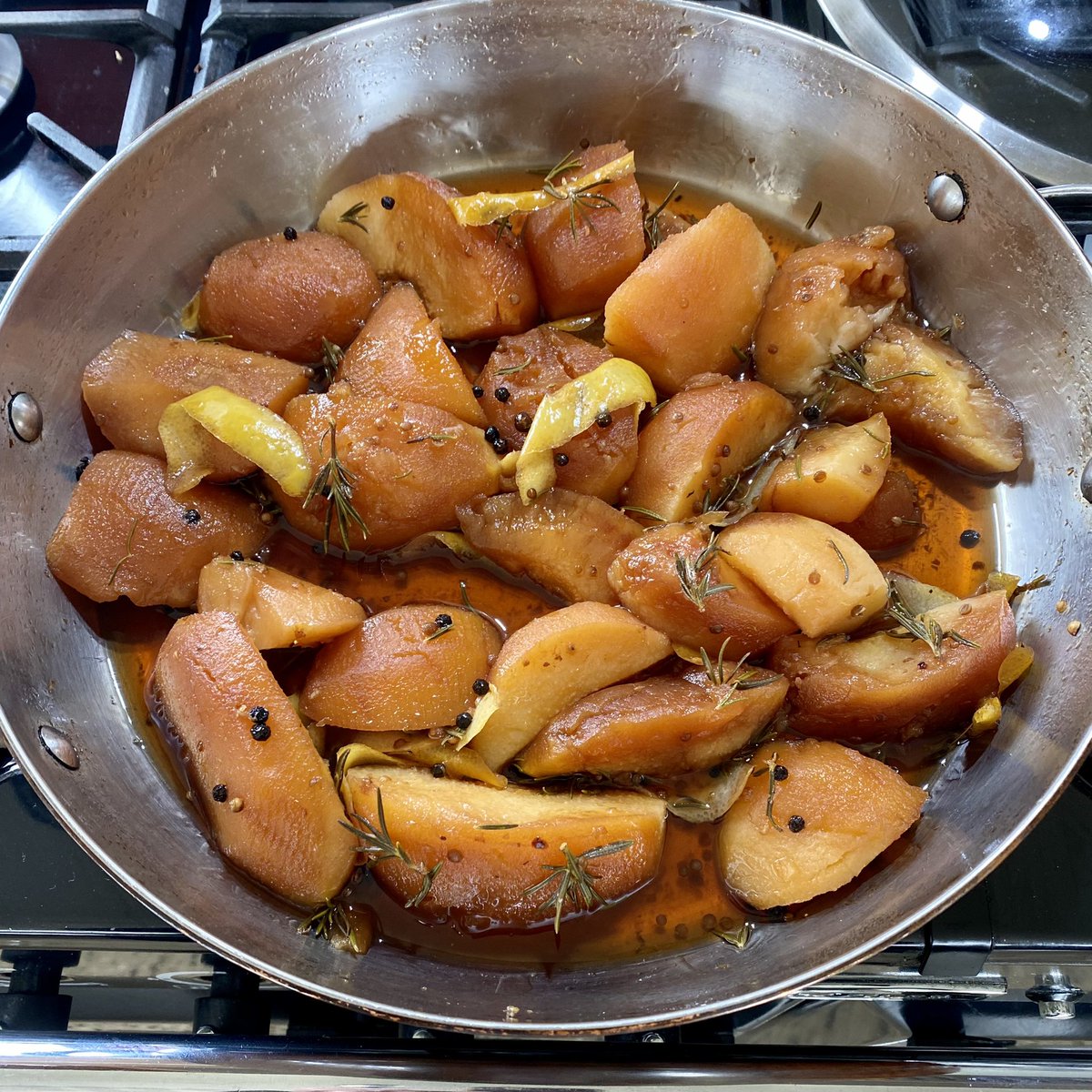 CallissClan's tweet photo. Quince baked with rosemary, black pepper, lemon & crushed coriander #GillMeller #RootStemLeafFlower #homegrown quinces, lemon & rosemary https://t.co/6vP32SkgGx