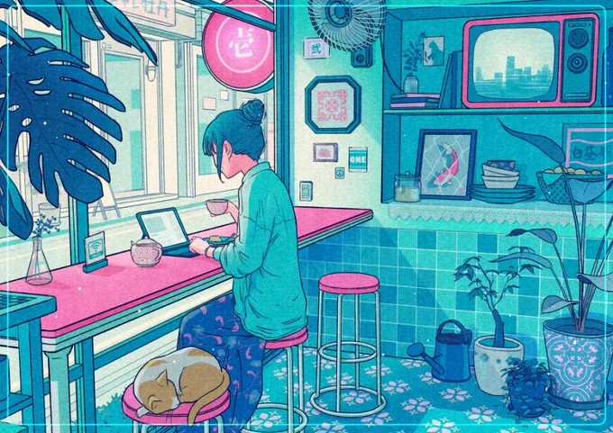 新作です🙌
ほんのりアジアンなカフェ🌿☕🎏

夜のイラストが続くと、昼のイラストが描きたくなります。

#ilustration 
#digitalart 