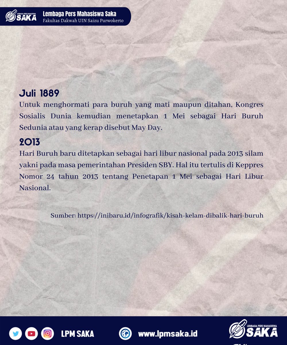 [ LPM Saka ]
Hari Buruh pada umumnya dirayakan tanggal 1 Mei, dikenal dengan sebutan May Day. Hari Buruh adalah sebuah hari libur (di beberapa negara) tahunan yang berawal dari usaha gerakan serikat buruh untuk merayakan keberhasilan ekonomi dan sosial para buruh. 
#hariburuh
