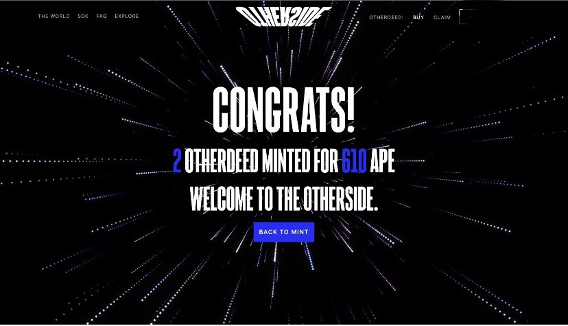 I am so happy. It took me 87 minutes to be sure. But everything turned out very well.
#YugaLabs #OthersideLand #nft #Germany #BAYC #mayc