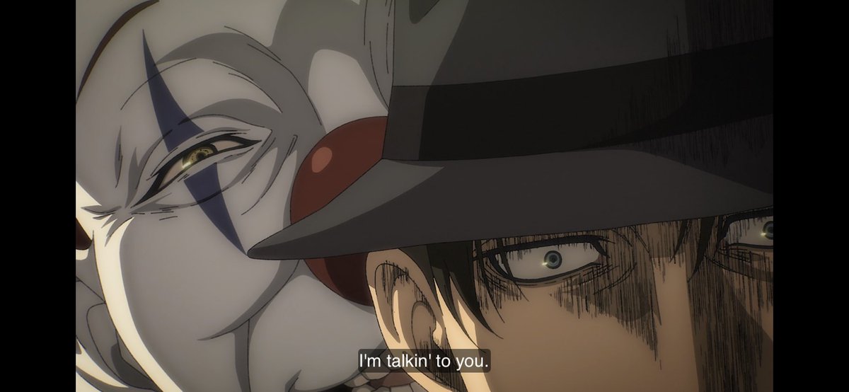 AverageJ0eker's tweet photo. That clown is straight up a villain. It’s literally pennywise 😂

#AttackonTitan #Toonami https://t.co/NtnVdZeLrz