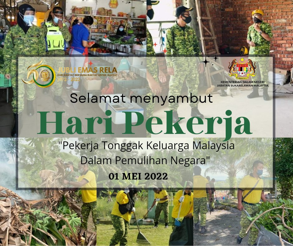 1 MEI 2022  || Ahad

Selamat Menyambut Hari Pekerja kepada semua Warga RELA Malaysia

“Pekerja Tonggak Keluarga Malaysia Dalam Pemulihan Negara”

<a href="/relaselangor/">RELA Negeri Selangor</a> <a href="/relamalaysia/">relamalaysia</a> #RELAKualaLangat #SetiaBerbakti #SelamatHariPekerja