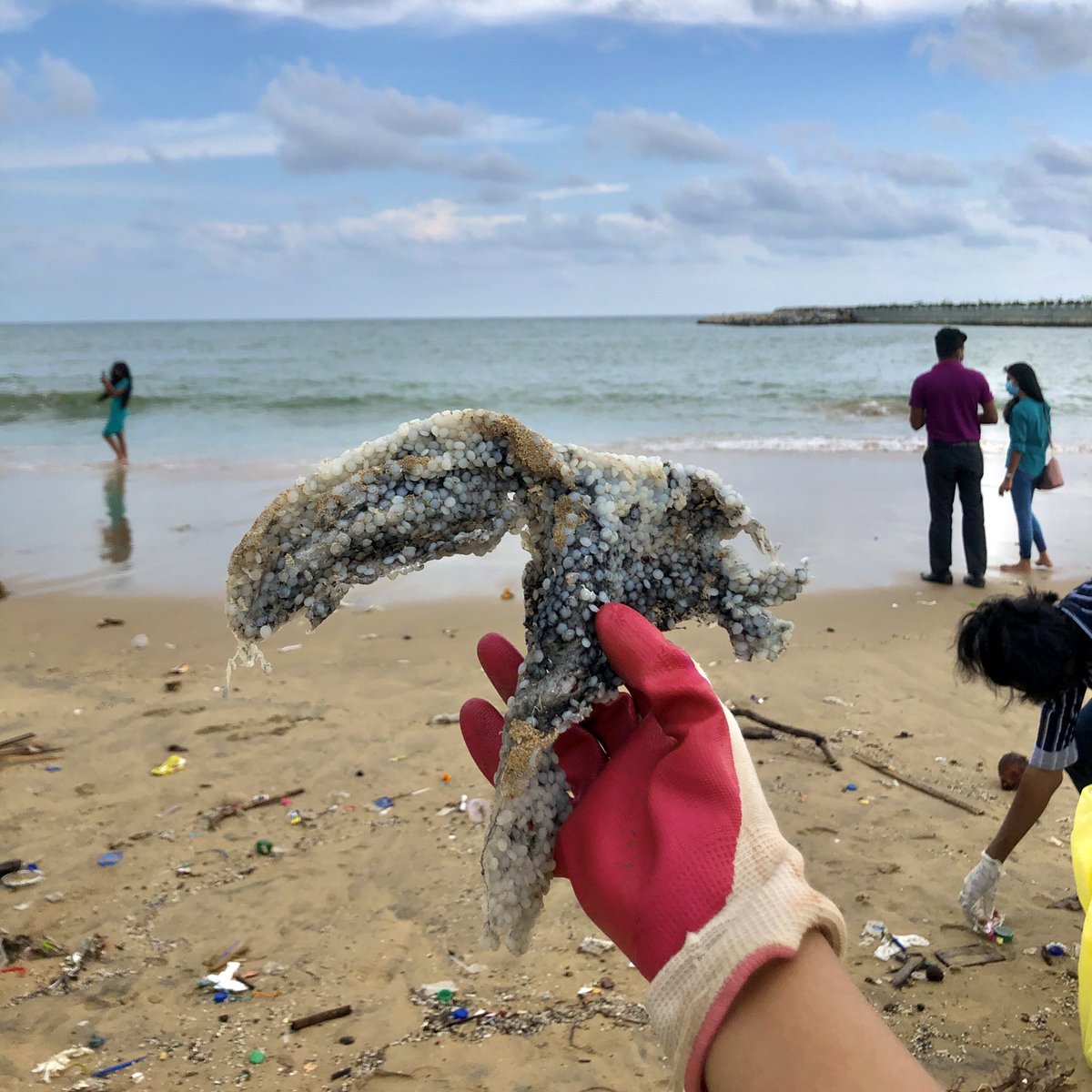 A clump of burnt nurdles from the #MVXPressPearl disaster that took place in the legal waters of #SriLanka almost an year ago. 

Nurdles are still polluting our shorelines. Yet, Sri Lanka hasn’t obtained adequate compensation or implemented laws & policies towards prevention.