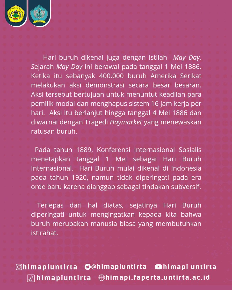 HimapiUntirta's tweet photo. [Hari Buruh Internasional]

Buruh adalah salah satu elemen penting dalam pembangunan bangsa. Kesejahteraan buruh merupakan kemajuan bangsa, because together we stand! Selamat Hari Buruh, 1 Mei 2022!

#HimapiUntirta
#KabinetBahteraNawasena
#Periode2022
#HariBuruhInternasional https://t.co/CJH3rgEHsN