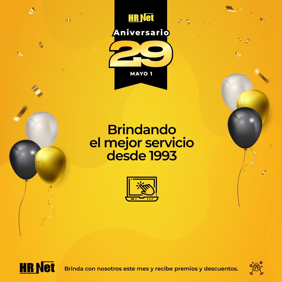hrnetsa's tweet photo. Brindando tecnología y servicio  desde 1993, agradecidos con la confianza de nuestros clientes que son parte de nuestro crecimiento Feliz Aniversario 29! #HRNETaniversario #HRNETcomputadoras https://t.co/Zkr6zh3py7