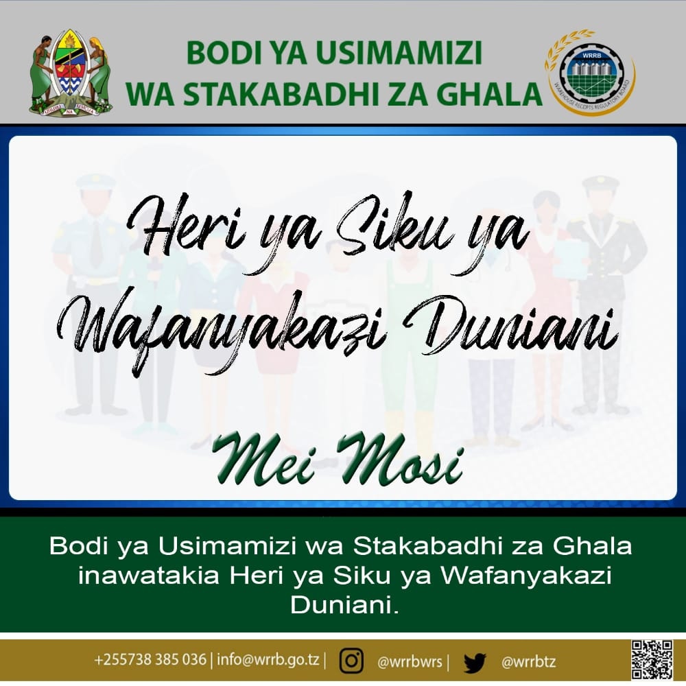 HERI YA SIKU YA WAFANYAKAZI DUNIANI MEI MOSI

Bodi ya Usimamizi wa Stakabadhi za Ghala (WRRB) Inawatakia Heri ya siku ya Wafanyakazi Duniani.

#Stakabadhi_Ghalani 
#WRRB_2022 
#kazi_iendelee🇹🇿
