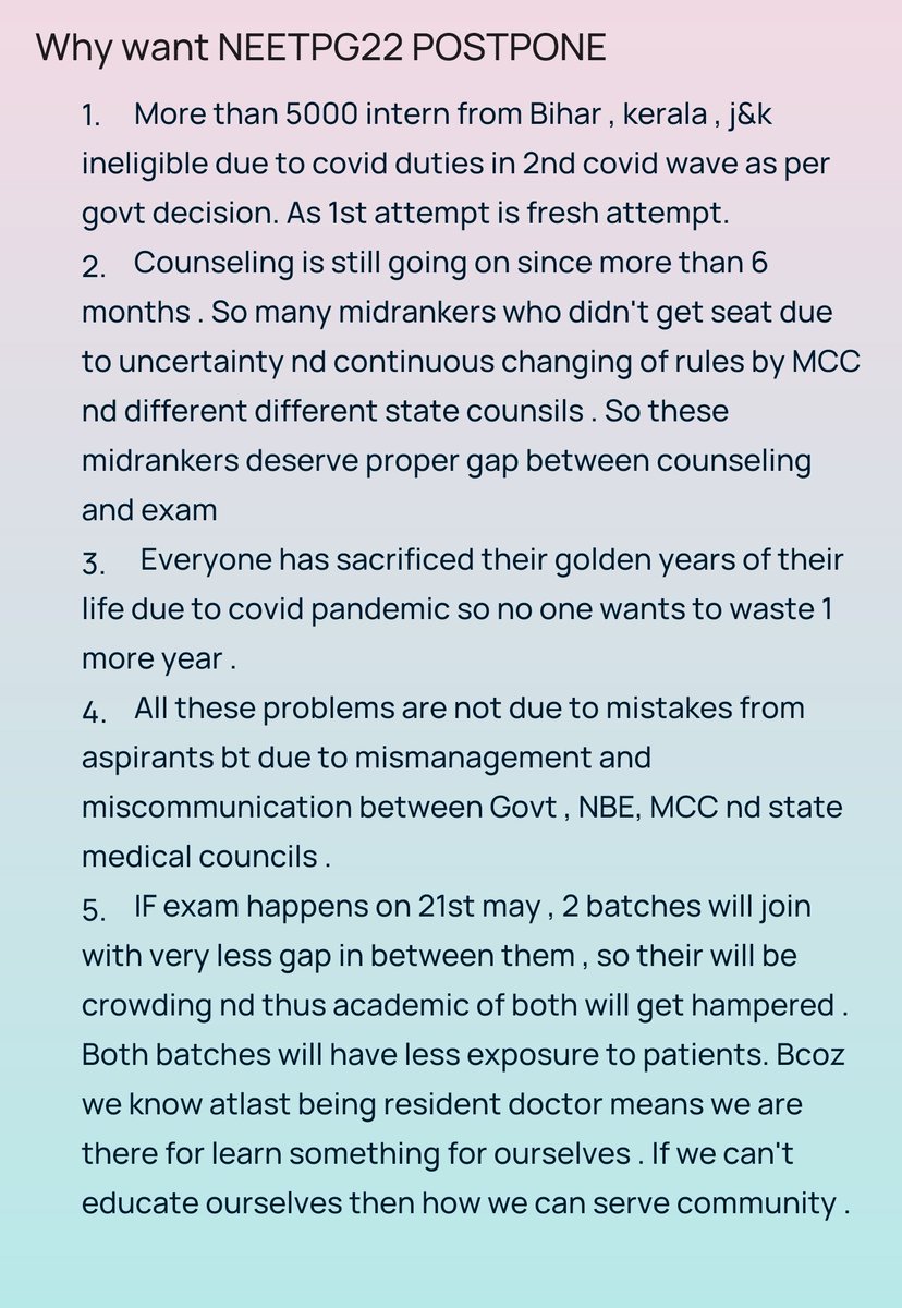 theboggusdoc's tweet image. Hello, we are NEET PG Students kindly get you attention to our exam.
We all students need it to be postponed. 
Tag people you know.
Help sir @Swamy39
1) counseling process is undergoing and extend till 7 may, and exam is on 21 may. Less than 15 days in next exam and counseling.