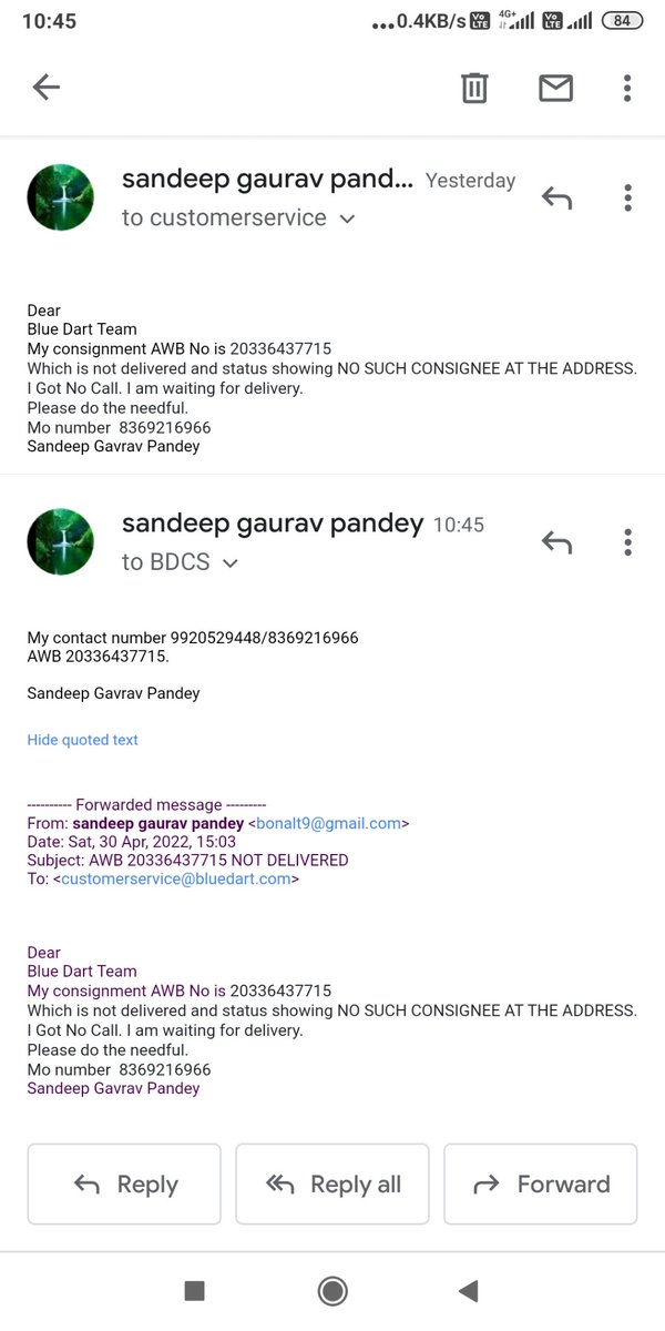 AjayPandeyNeta's tweet photo. @BlueDartCares Very poor service provided. I waited for whole day to collect shipment. No one called. And status updated as NO CONSIGNEE AT ADDRESS.called 3 times and mailed as well but no resolution.
AWB 20336437715. Now saying will deliver day after tomorrow.
@postpeapp 
@jagograhakjago https://t.co/Vp6LVgz5a6