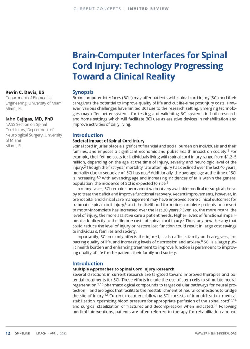 Thank you to @NASSspine for featuring our article “#braincomputerinterfaces for #spinalcordinjury: Technology Progressing Toward a Clinical Reality” on the cover this month. @kevin_cdavis  #neurosurgery @umiamimedicine