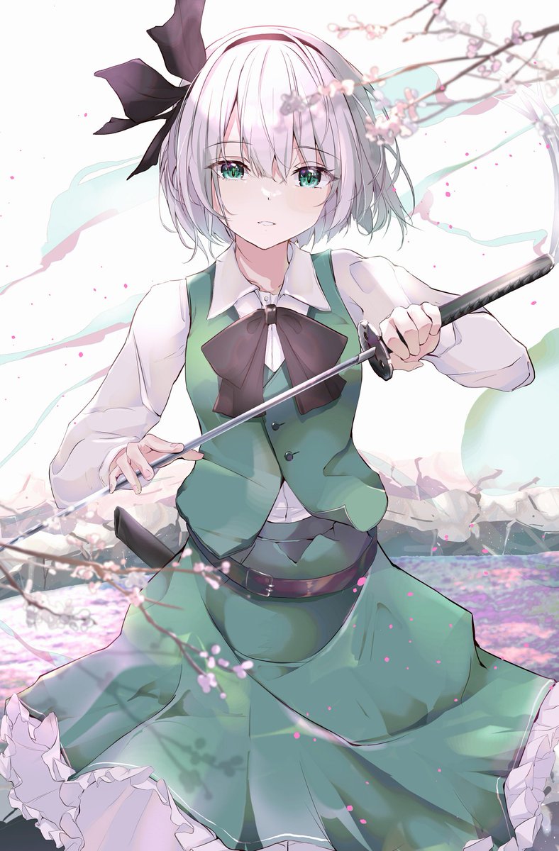 konpaku youmu 1girl weapon sword solo short hair green skirt skirt  illustration images