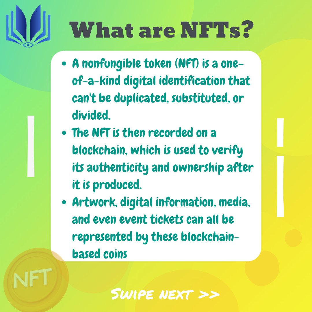 Edu_Checked's tweet photo. NFTs are basically unique identifiers that can cryptographically assign ownership. NFTs can be used to easily access blockchain, a form of online storage which if used simultaneously can disrupt the education sector!

#NFTs #edtech #checkedit #educhecked #future  #education https://t.co/ozwsykdu5o