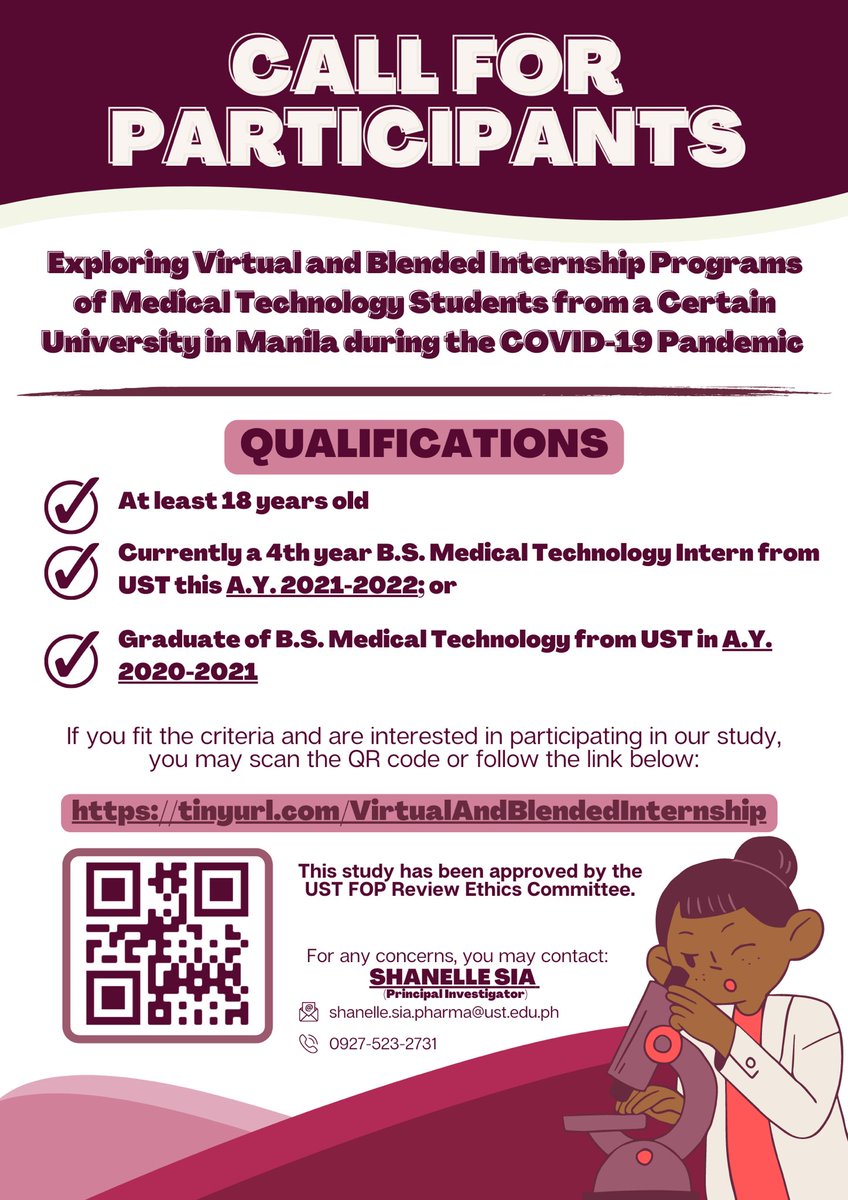 CKringg's tweet photo. 📣 CALL FOR RESPONDENTS 📣

Qualitficatioms:
✅18 years old and above
✅ Currently a 4th year B.S. in Medical Technology student and an intern from UST this A.Y. 2021-2022; or
✅ A Graduate of B.S. Medical Technology from UST in A.Y. 2020-2021;

Link: https://t.co/HMhpugvnv1 https://t.co/6XEnSmNd02