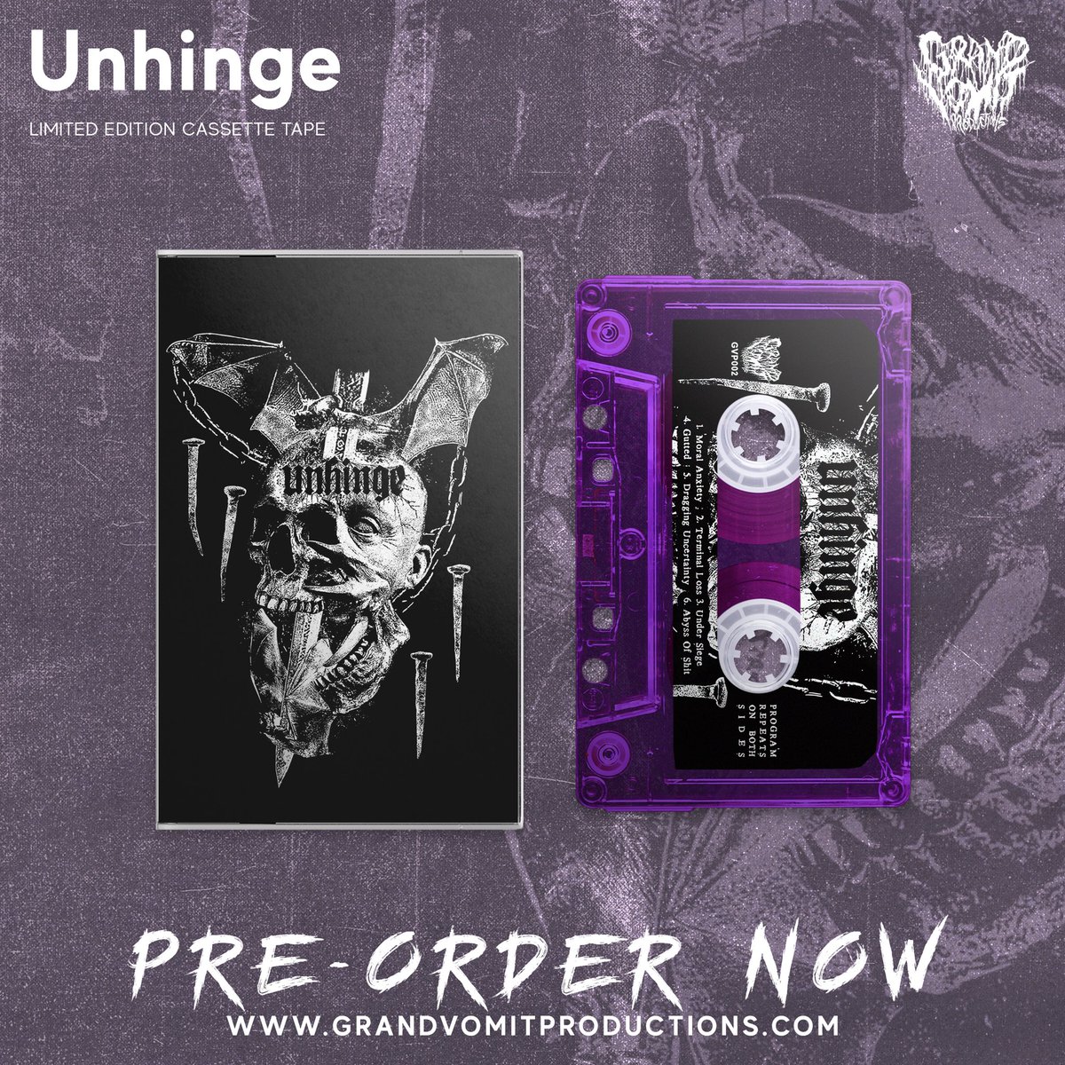 UNHINGE self titled cassettes are now available for preorder on the store and Bandcamp pages. For fans of NAILS and EXTREME NOISE TERROR. linktr.ee/Grand_Vomit_Pr…