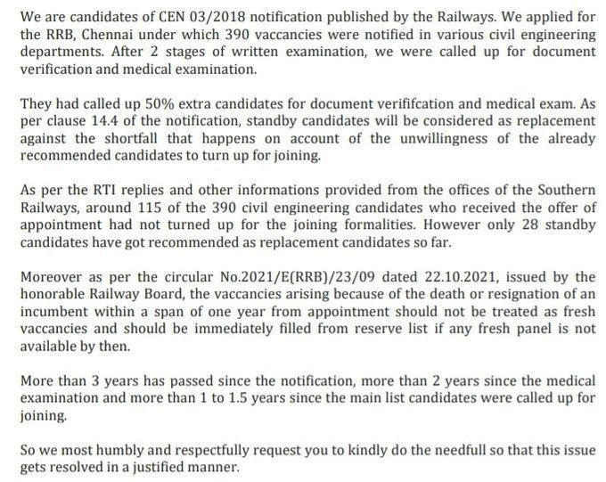 #RRBJE_WAITING_CLEAR_KARO #RRBJE_STANDBY All of us are waiting for joining since 3 years. We already faced Pandemic due to which there was no job. Unemployment is on peak. Vacant seats shoul fill by waiting candidates. 
<a href="/RailMinIndia/">Ministry of Railways</a>
<a href="/AshwiniVaishnaw/">Ashwini Vaishnaw</a>
<a href="/PMOIndia/">PMO India</a>
<a href="/southernrailway/">southern railway</a>