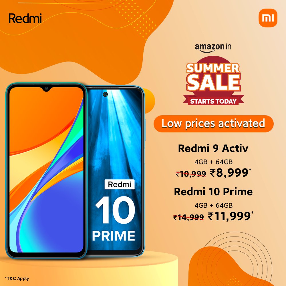 RedmiIndia's tweet photo. You’re going to love these deals! ❤️

Get your favourite Redmi smartphones at amazing prices only at the #AmazonSummerSale.

Head to @amazonIN ⬇️
🛒 #Redmi9Activ at ₹8,999* - https://t.co/zNKGM9Mh3e 

🛒 #Redmi10Prime at ₹11,999* - https://t.co/2DIsKQq33W https://t.co/A5dDx3vjeW