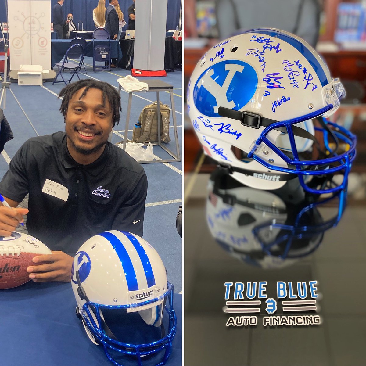 BYU fans!! #Giveaway autographed helmet signed by 2022 BYU football players including lock down DB <a href="/King_Hayes001/">Kaleb Hayes</a> &amp; many others! To win: 1)tag/comment friends 2)RT this post 3)Follow <a href="/truebluefinance/">@truebluefinancing</a> Multiple entries accepted per tag &amp; RT #gocougs #CollegeFootball #BYUFOOTBALL