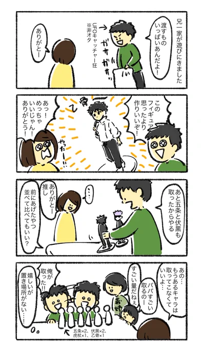 雑描きで読みにくいんですけども

昨日兄一家が来てくれて、なんかこの年になってもこういうやり取りしてるのウケるなと我ながら思った兄妹漫画です
全部UFOキャッチャーで取ったもの 
