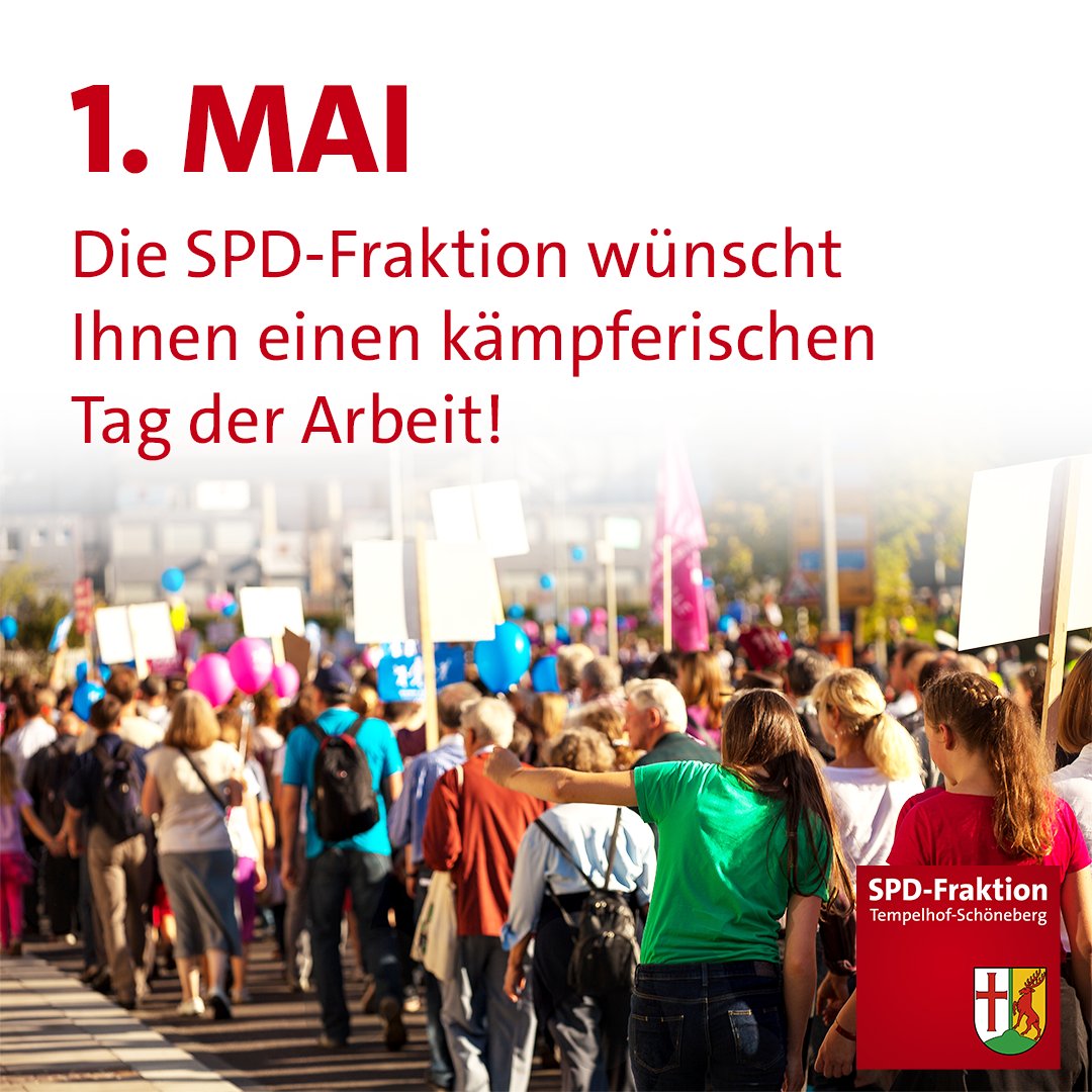 🔴Raus zum 1. Mai! 🔴
Die SPD-Fraktion Tempelhof-Schöneberg wünscht Ihnen einen kämpferischen Tag der Arbeit.

📢 Zum Beispiel auf der 1. Mai-Demo des DGB! 📢
🚩 10:45 Uhr Start der Demo am Alexanderplatz
🚩 12 Uhr Kundgebung am Platz des 18. März
Infos: berlin.dgb.de/++co++0f45cbd8…