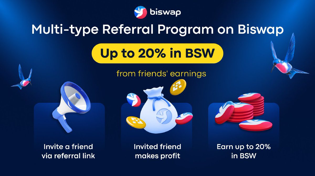 🤝Join Biswap Referral Program!🤝

💵 Up to 20% via Swaps Commission

💵 5% via Farms 

💵 5% via Launchpools

💵 2% via Lottery Tickets Purchase

💵 3% via Squid NFT World Winnings

biswap.org/?ref=9472f5ced…

Earn crypto & make friends on Biswap DEX!