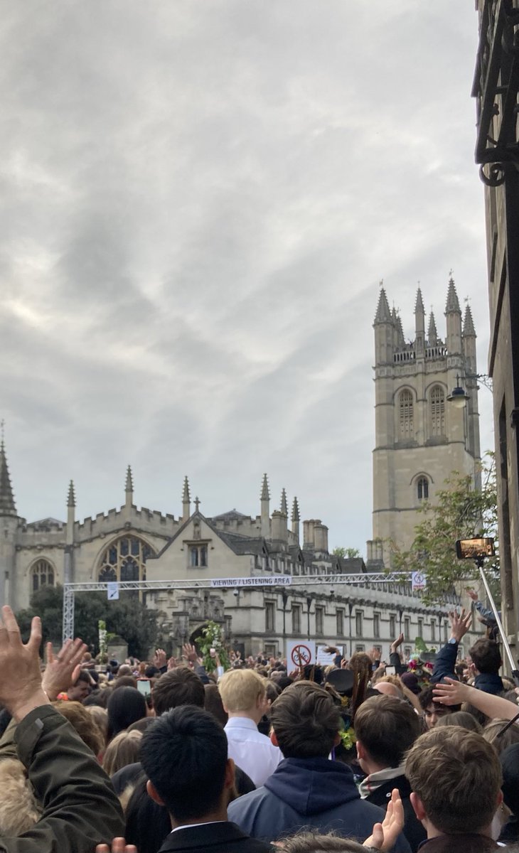 A cloudy May Morning in Oxford. As the choir sang from the Magdalen tower at 6 am, the crowd of tens of thousands - students, townies, outsiders like me - listened in total, rapt silence.  Then they cheered &amp; yelled like crazy when the music stopped.  Utterly magical.