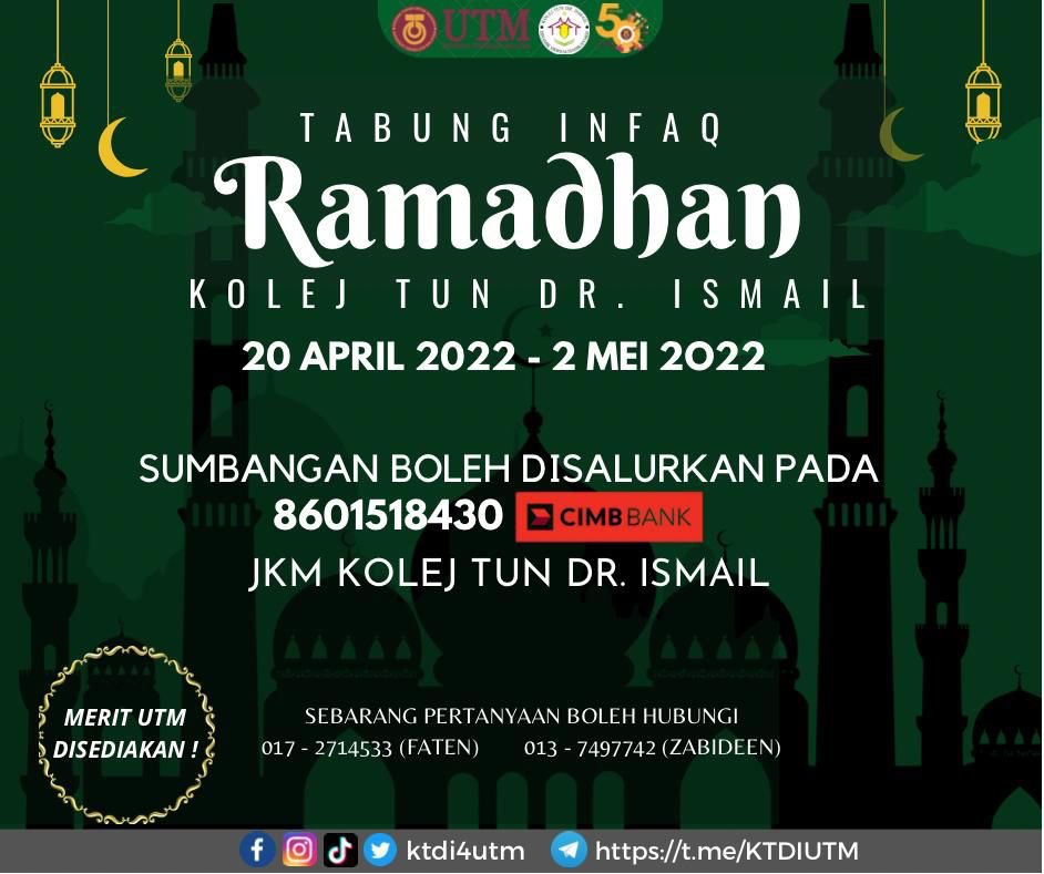 ktdi4utm's tweet photo. *_TABUNG INFAQ RAMADHAN KTDI_*🕌

Assalamualaikum dan salam sejahtera !!

Sukacita dimaklumkan bahawa Biro Kebajikan dan Keselamatan Jawatankuasa Kolej Mahasiswa Kolej Tun Dr. Ismail akan mengadakan *TABUNG INFAQ RAMADHAN🌙* untuk disalurkan kepada golongan asnaf yang memerlukan. https://t.co/qkwWM1lvJy
