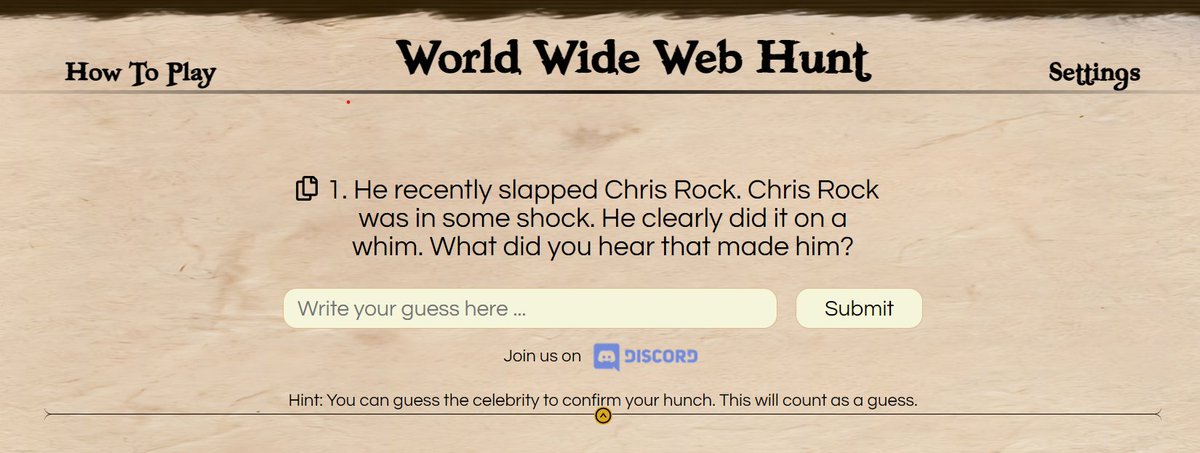 He recently slapped Chris Rock.
Chris Rock was in some shock.
He clearly did it on a whim.
What did you hear that made him?

Solve it on worldwidewebhunt.com

#riddlesdaily #riddles #brainteasers #funriddles #dailyriddles #easyriddles #riddlemethis #riddles #puzzles #wordle