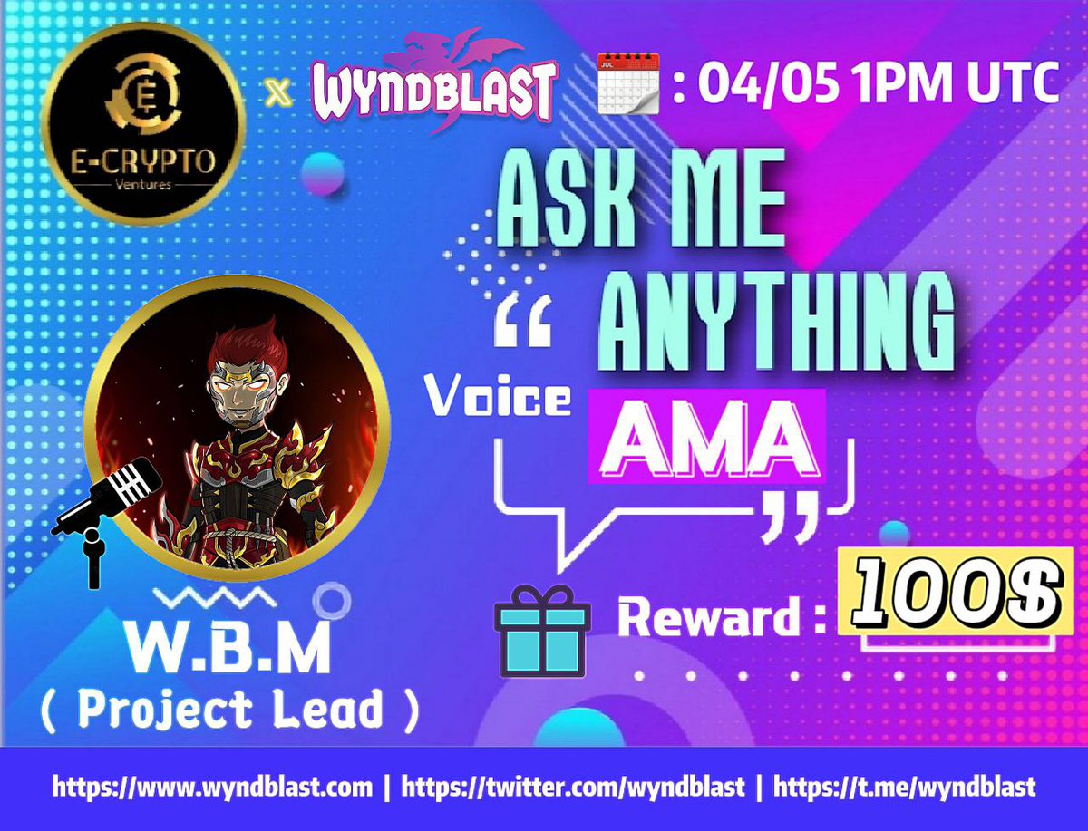 Ecrypto VN (@ecrypto_vn) on Twitter photo We announce about AMA with
<a href="/WyndBlast/">WyndBlast - PVE IS LIVE!🔺</a>
Prize: 100$
Date: May 4, 2022
Time: 1:00 PM UTC --> 08:00 PM + 7 Viet Nam
Venue: t.me/Ecrypto_Ventur…
Rules:
1. Follow
<a href="/EcryptoVn_VT/">Ecrypto_ventures</a>
&
<a href="/WyndBlast/">WyndBlast - PVE IS LIVE!🔺</a>
2. Like Retweet & Comment Your Questions - Tag 3 friends. We announce about AMA with
<a href="/WyndBlast/">WyndBlast - PVE IS LIVE!🔺</a>
Prize: 100$
Date: May 4, 2022
Time: 1:00 PM UTC --> 08:00 PM + 7 Viet Nam
Venue: t.me/Ecrypto_Ventur…
Rules:
1. Follow
<a href="/EcryptoVn_VT/">Ecrypto_ventures</a>
&
<a href="/WyndBlast/">WyndBlast - PVE IS LIVE!🔺</a>
2. Like Retweet & Comment Your Questions - Tag 3 friends.
