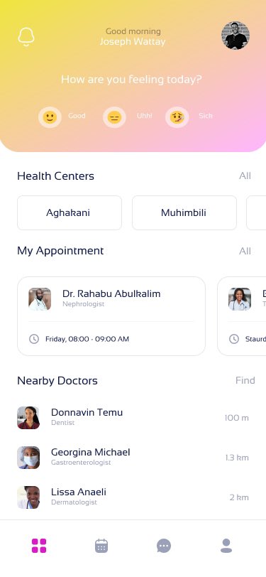 MyNameIsWattay's tweet image. I named it #HelloDoc A UI concept for booking a health service near you, Can make an appointment to a doctor who is nearby, online diagnosis...

@AbilMdone @BabJ0N  @TOTTechs @asatayo