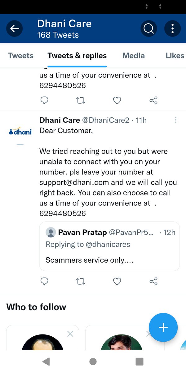 sud0074's tweet photo. Dear @dhanicares I got a retweet from @DhaniCare2 profile and the person doing scam thing thise who tagging your official Twitter ac , I was almost under thread but some how I manage to scape. I am the lucky one but may be others not. Ki dly take serious action against this. https://t.co/4NW4CVQFnN
