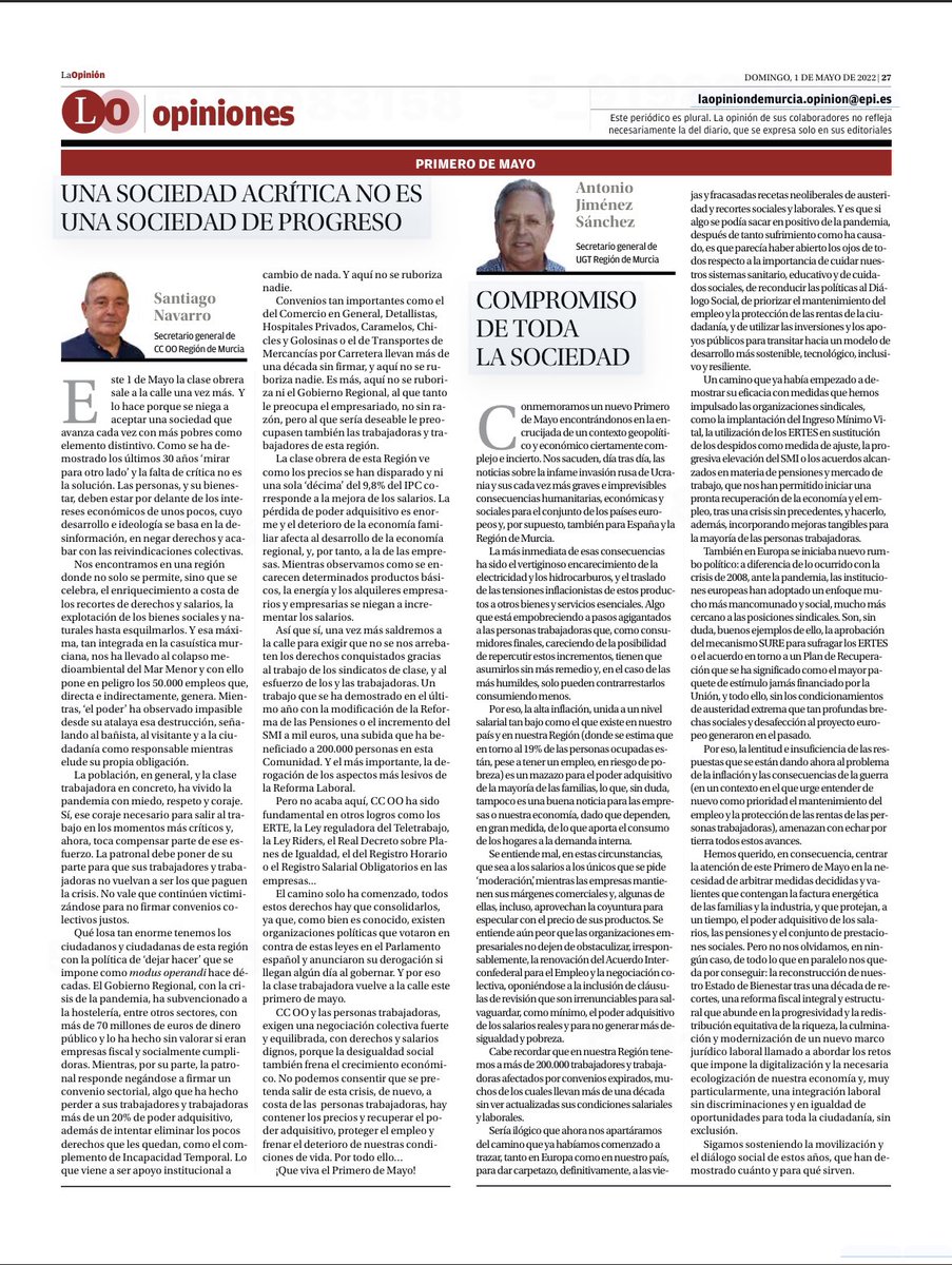 Artículos de opinión publicados, con motivo del Primero de Mayo, en La Verdad de Murcia y en La Opinión de Murcia <a href="/UGTMurcia/">UGT Región de Murcia</a> <a href="/UGT_Comunica/">UGT</a>