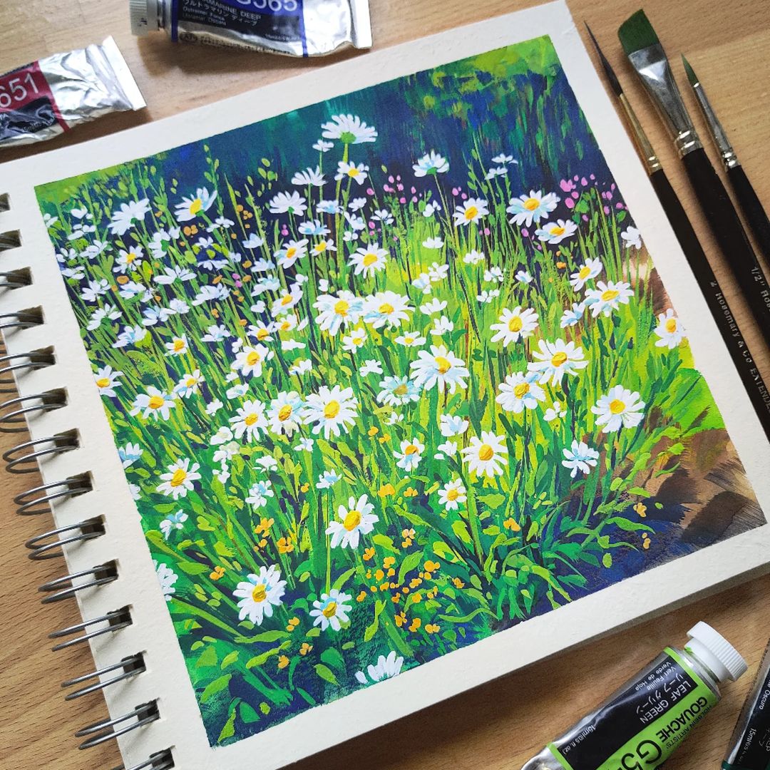 maddybellwoar's tweet image. I got a new sketchbook! 😊 Starting it off with some happy spring paintings 💜🌿🌼