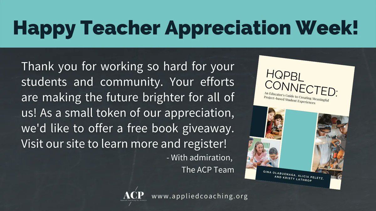 Teacher Appreciation Week is one of the best weeks of the year. We hope all of you get the recognition you deserve! We'd love to celebrate you with a book giveaway. Visit our site to learn more and register! bit.ly/37PjDbe 

#PBL #TeacherAppreciationWeek #teachertwitter