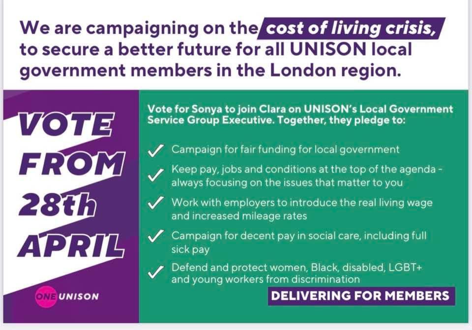 nec_sonya's tweet photo. All Local Government and Health UNISON look for electronic ballots now open closing 20th May please vote for the excellent candidates below including me 😀#oneunison https://t.co/BXvgFJDnKJ