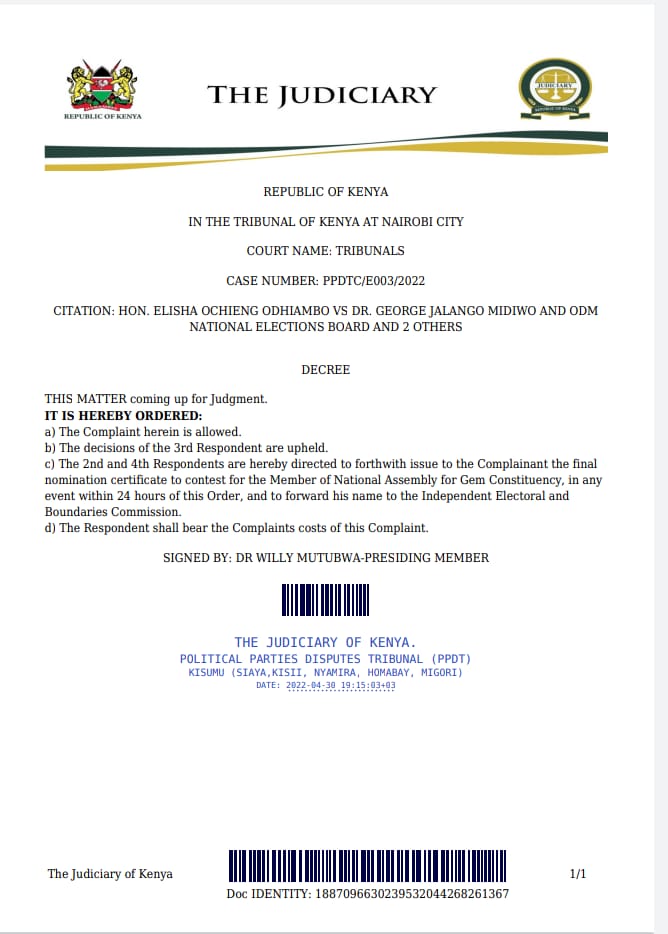 Ongleakey's tweet photo. ODM to issue the Gem certificate to Hon Elisha Odhiambo in 24hrs.#Akuba power https://t.co/QUhKqIUAlC