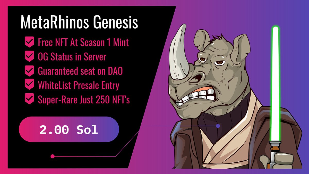 RhinosMeta's tweet photo. Minting 8pm GMT May 4th 2022
Just 250 NFT's @ 2.0 Sol.

*The Largest &amp; most exciting DAO driven NFT in Digital Reinvestment &amp; Passive Income production!*

Minting at https://t.co/qKGE6iFRDG

Join our server at https://t.co/lvEZglBclu 

#NFTs #DegenSpaceHost  #SolanaNFTs #nftlover https://t.co/vsSSZ028Gw